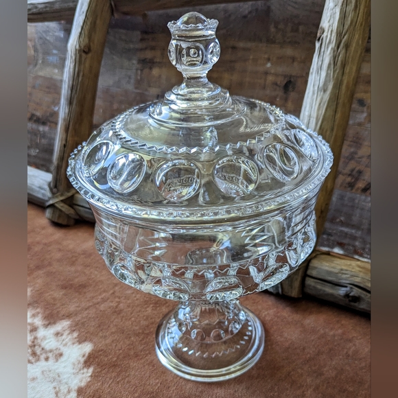 Antique Heavy Glass Compote Dish With Lid Kings Crown Nob - Picture 15 of 15